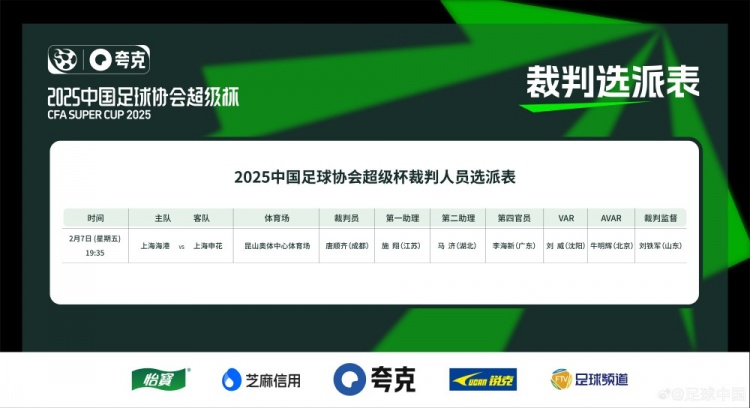  超級杯海港vs申花裁判員名單：主裁判唐順齊，VAR劉威