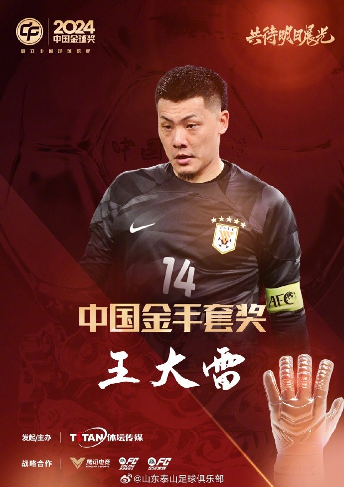  王大雷榮獲中國金手套獎，謝文能入選中國金球獎候選人前三名