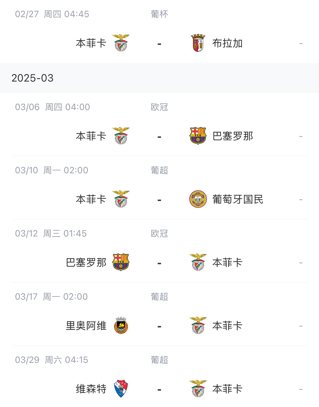  讓路歐冠！本菲卡戰(zhàn)巴薩首回合比賽前的葡超比賽推遲進行