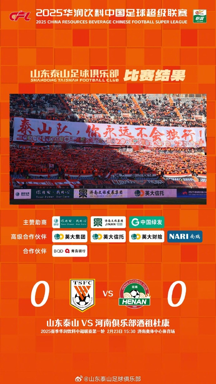  中超首戰(zhàn)，泰山隊(duì)雖未取勝，但全隊(duì)展現(xiàn)出了頑強(qiáng)的拼搏精神