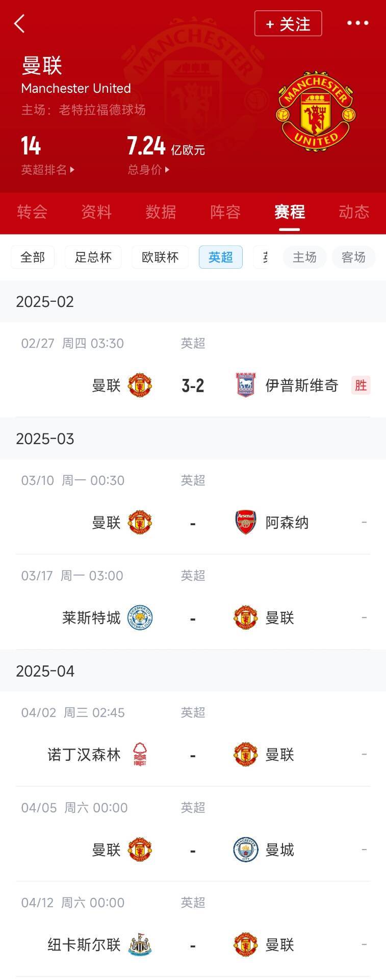  藍狐救一下？曼聯(lián)未來5輪將遭遇英超2/3/4/6名：槍手森林曼城紐卡