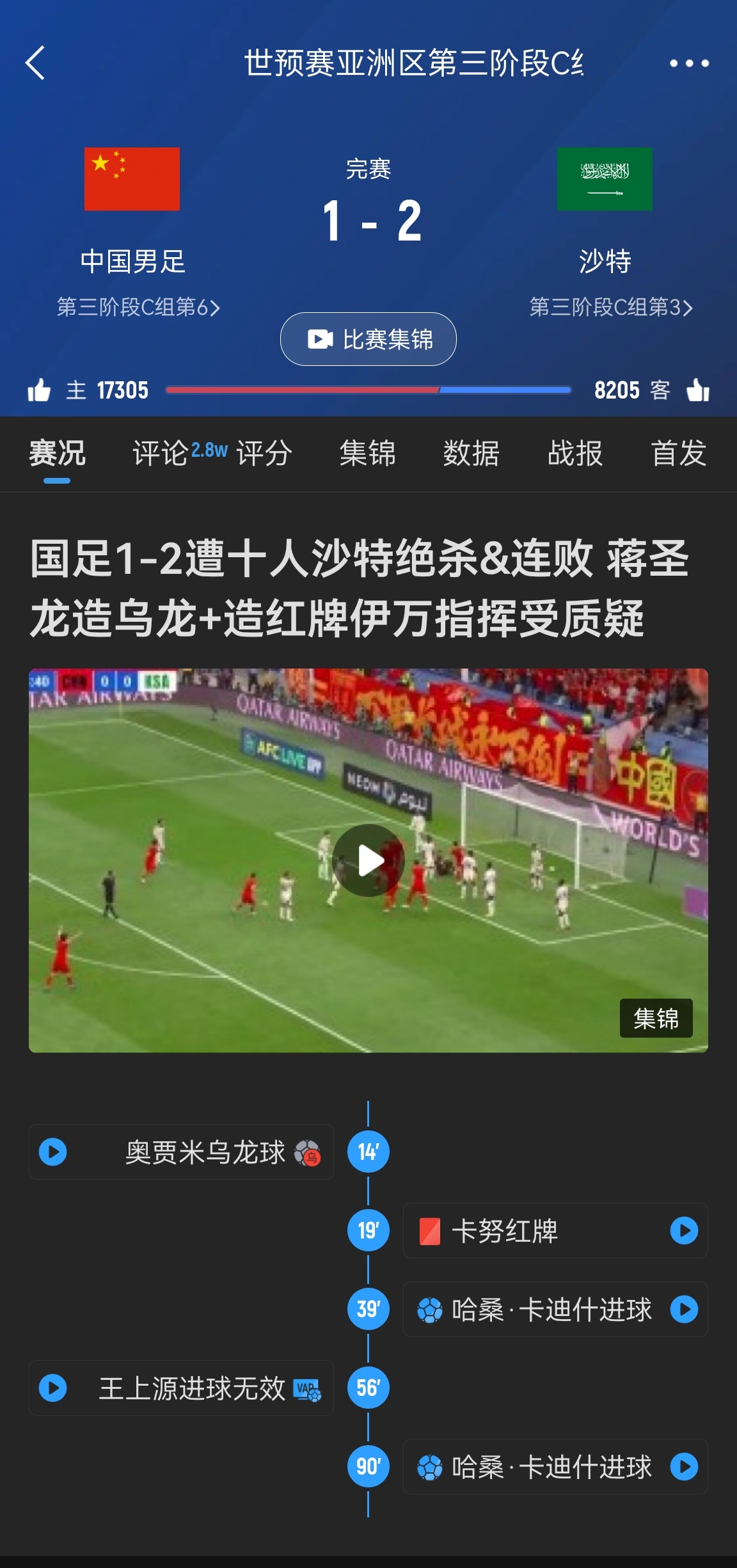  今天什么劇本？首戰(zhàn)沙特也是半場(chǎng)紅牌+蔣光太傷退，最后國足被翻