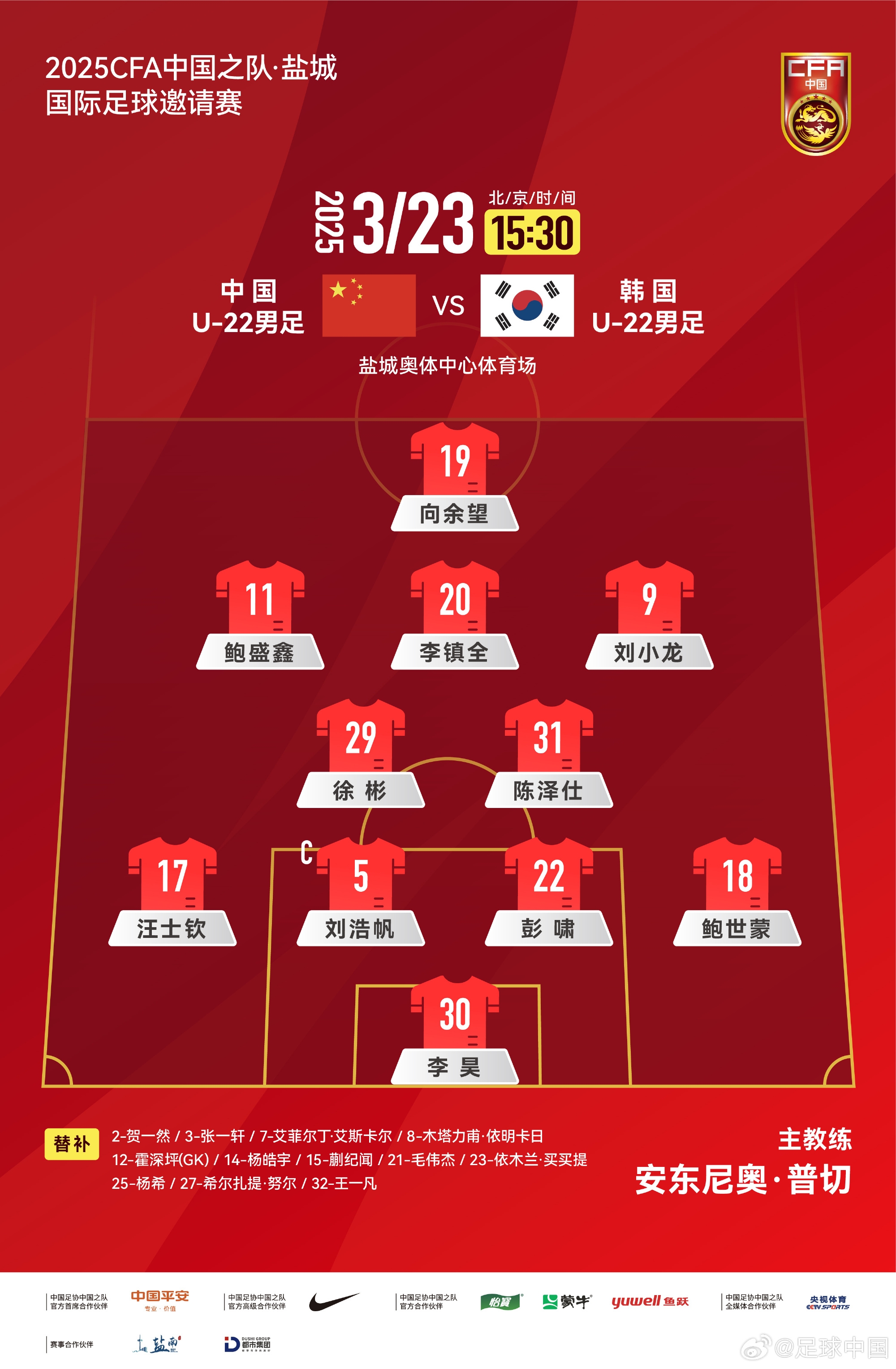  鹽城四國賽，中國U-22男足對(duì)陣韓國U-22男足，中國隊(duì)首發(fā)陣容